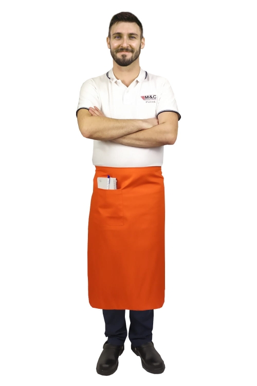 Orangenfarbene Kellnerschürze mit einer Länge von 75 cm.