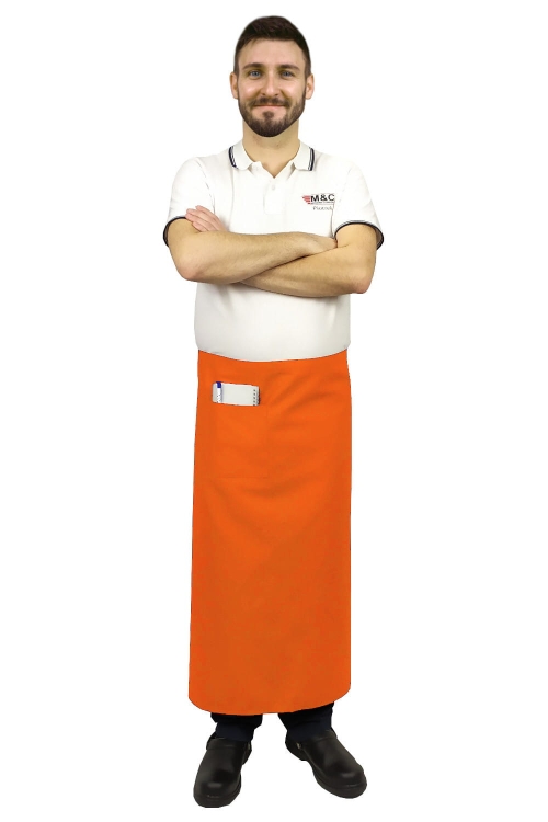Orangene Kellnerschürze mit einer Länge von 90 cm.