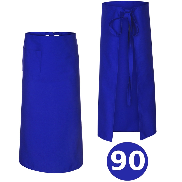Kochschürze in Kornblumenblau mit einer Länge von 90 cm.