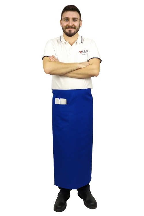 Königsblaue Kellnerschürze mit einer Länge von 90 cm.