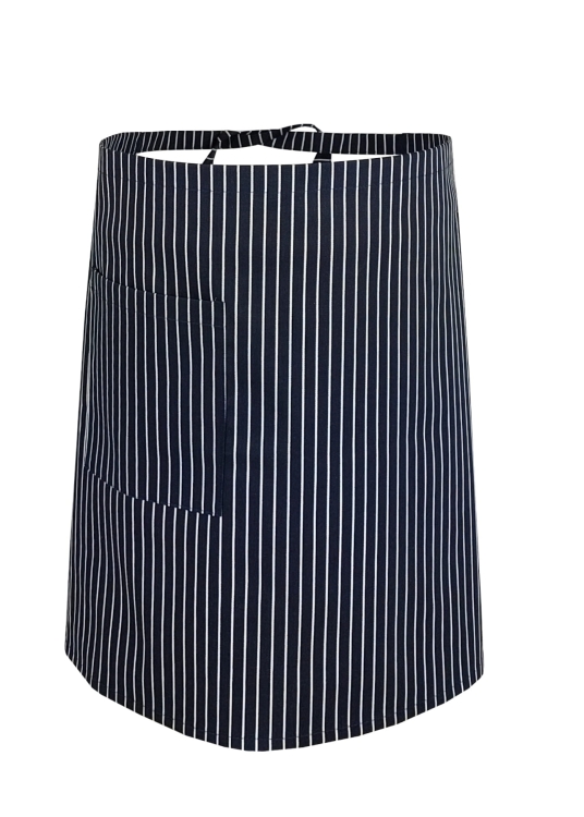 Dunkelblaue Kochschürze, 50 cm lang, mit weißen Streifen.