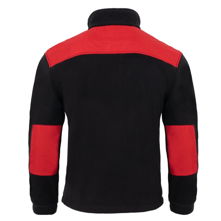 Fleecejacke mit roten Einsätzen in Schwarz.