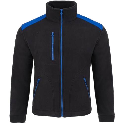 Schwarzer medizinischer Fleece-Pullover mit kornblumenblauen Einsätzen.