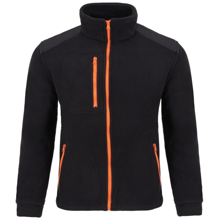 Schwarzer Fleece-Pullover mit orangefarbenen Einsätzen