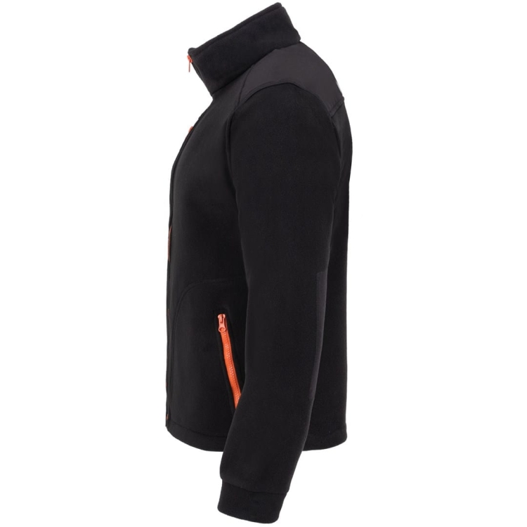 Fleecejacke mit orangefarbenen Einsätzen in Schwarz.