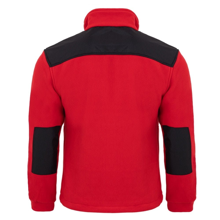Fleecejacke mit schwarzen Einsätzen in Rot.