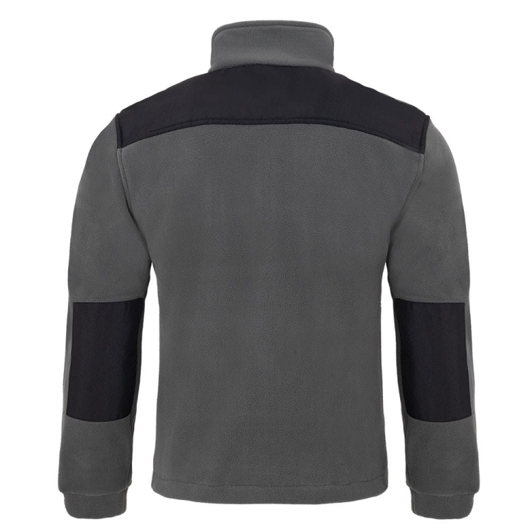Schwarze Einsätze in einem grauen Fleece-Pullover