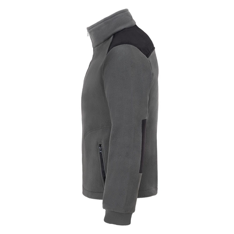 Fleecejacke mit schwarzen Einsätzen in Grau.