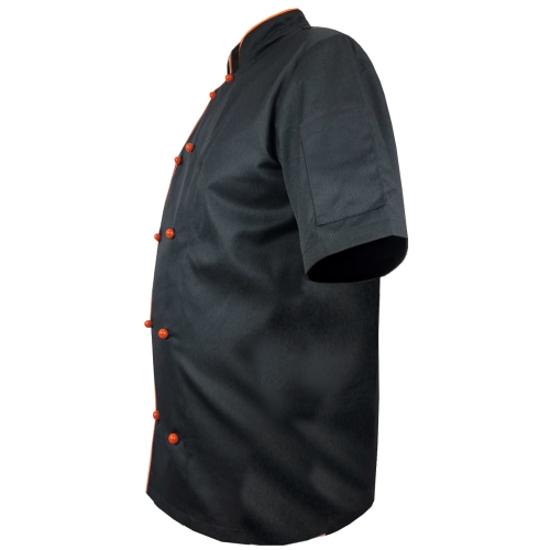 Herrenkochjacke mit orangefarbener Paspel in Schwarz.