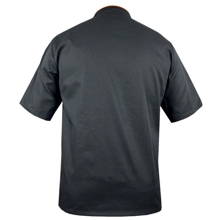 Schwarze Kochjacke mit orangefarbener Paspel, für Herren.