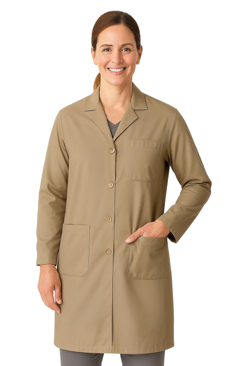 Fartuch laboratoryjny damski w kolorze beżowym na guziki