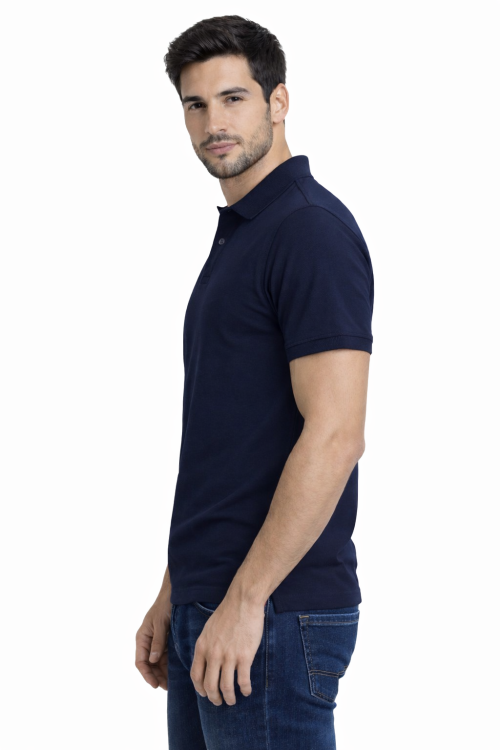 Koszulka polo męska krótki rękaw granatowa widok z boku.png