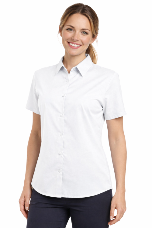 Koszula damska krótki rękaw zapinana na guziki biała.png