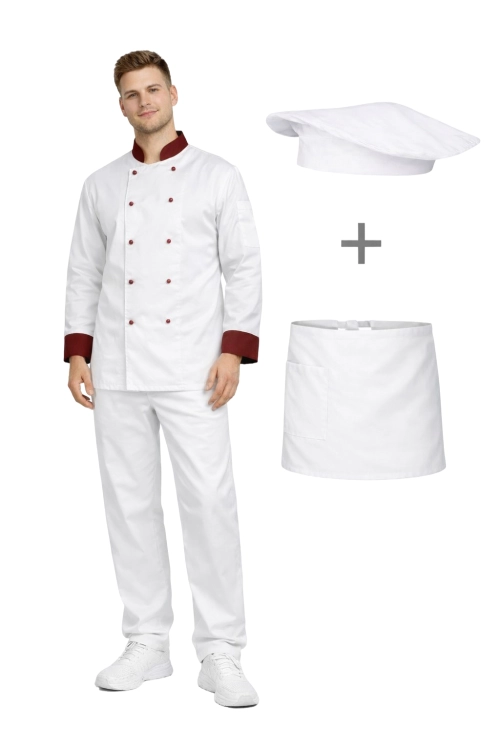 Uniform kucharza z długim rękawem  bluza z bordowymi wstawkami  zapaska w kolorze białym – zestaw gastronomiczny