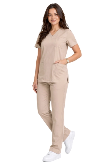 Medizinisches Damen-Set klassischer gerader Schnitt beige - Scrubs CASUAL PREMIUM