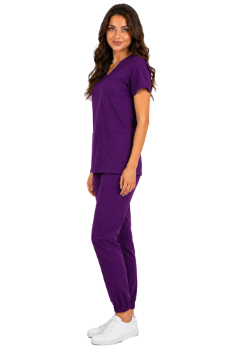 Fioletowy  komplet medyczny damski – scrubs CASUAL PREMIUM-bok.png