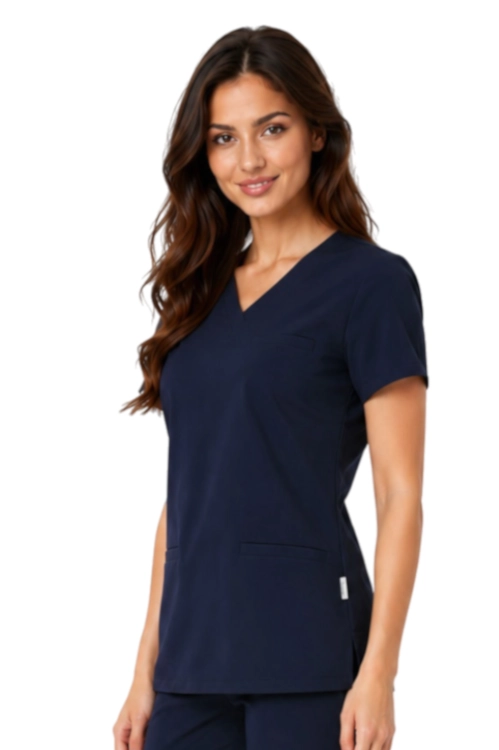 Damska bluza medyczna BASIC PREMIUM w kolorze ciemno granatowym_bok.png