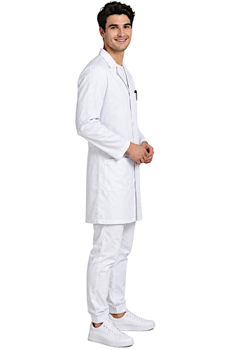 Fartuch laboratoryjny męski na guziki w kolorze śnieżnobiałym widok bokiem.png