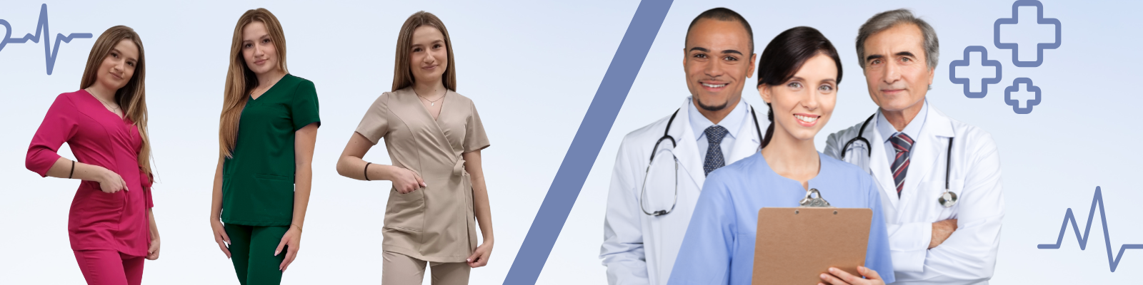 Gruppe lächelnder medizinischer Mitarbeitender in medizinischer Kleidung von ModernBHP – Ärztin/Arzt, Pflegekraft und Laborfachkraft in Scrubs und Arztjacke, Produktion in Polen.